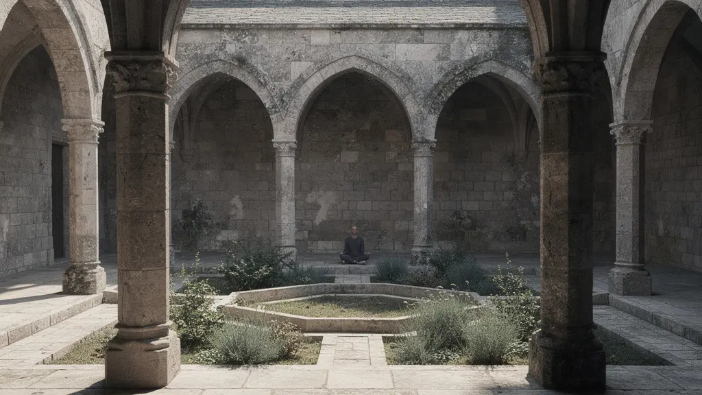 Cloître d'abbaye avec arches de pierre et jardin central, personne en méditation assise dans un coin