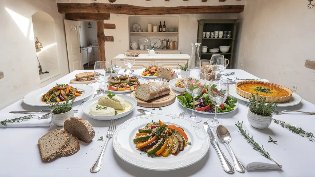 Table française avec alternatives sans gluten et sans lactose présentées de manière gastronomique