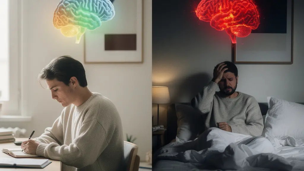 Représentation métaphorique du cerveau la nuit avec zones émotionnelles actives comparé au cerveau le jour, plus équilibré.
