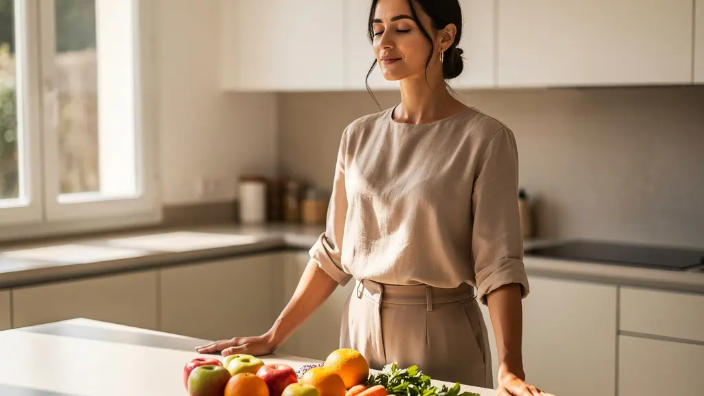 Femme en état méditatif dans une cuisine lumineuse, yeux fermés, respirant calmement près d'un comptoir avec fruits et légumes frais