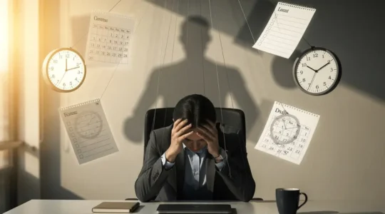 Personne stressée au bureau entourée de multiples écrans et documents représentant le besoin de contrôle