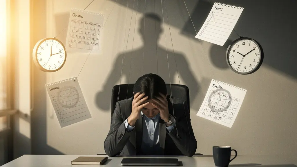 Personne stressée au bureau entourée de multiples écrans et documents représentant le besoin de contrôle