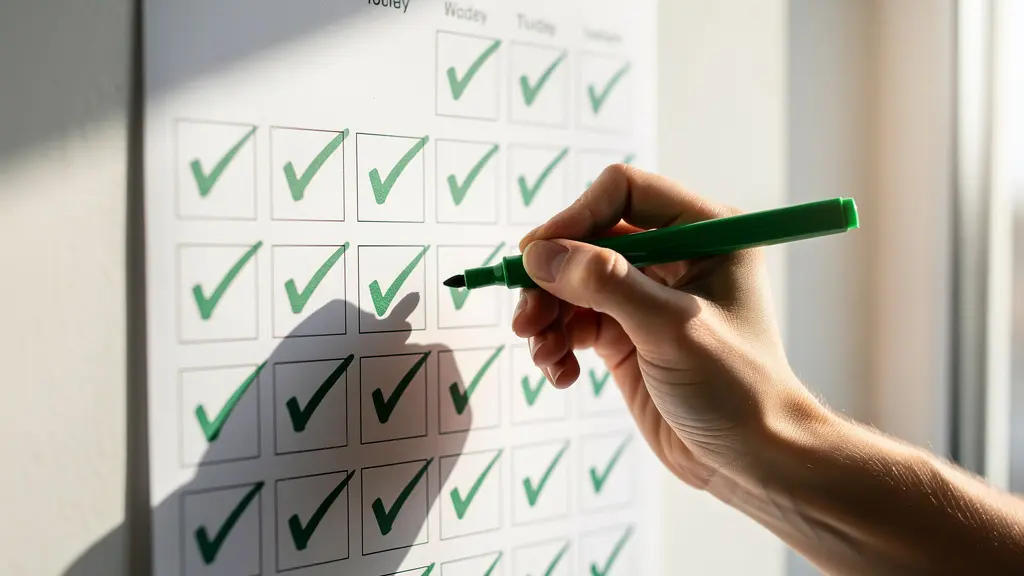 Main cochant une case sur un calendrier mural, créant une chaîne de croix vertes continues symbolisant la constance dans les habitudes.