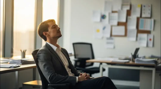 Personne en méditation dans un espace de travail moderne baigné de lumière naturelle
