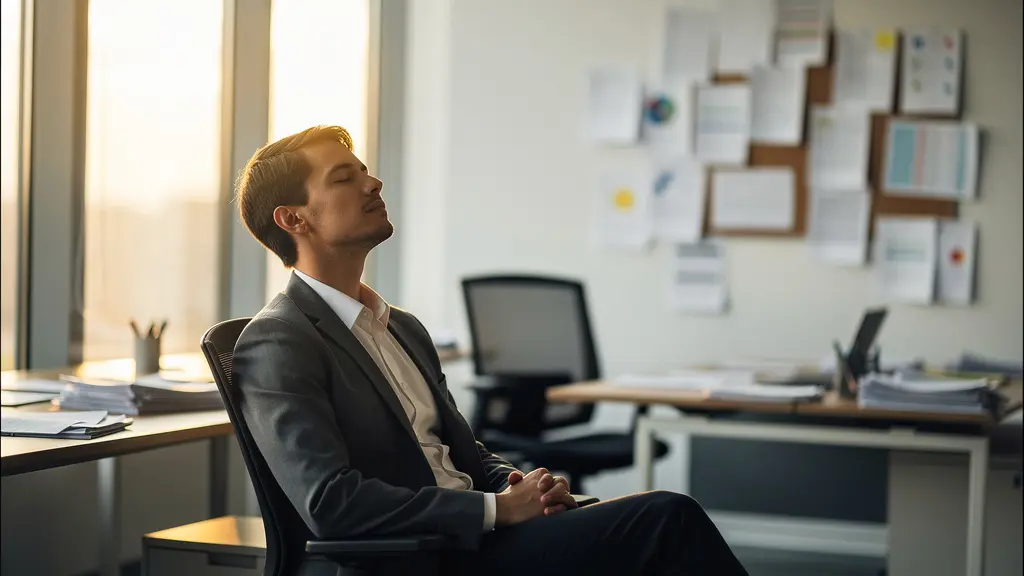 Personne en méditation dans un espace de travail moderne baigné de lumière naturelle
