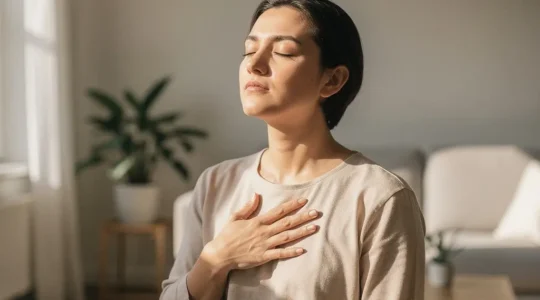 Personne pratiquant des exercices de respiration profonde dans un environnement apaisant