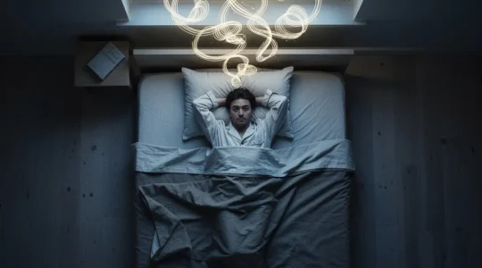 Vue artistique d'une chambre nocturne où les pensées sont représentées de manière abstraite et visuelle