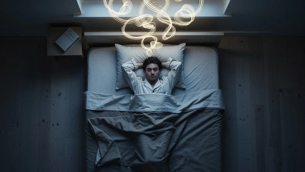 Vue artistique d'une chambre nocturne où les pensées sont représentées de manière abstraite et visuelle