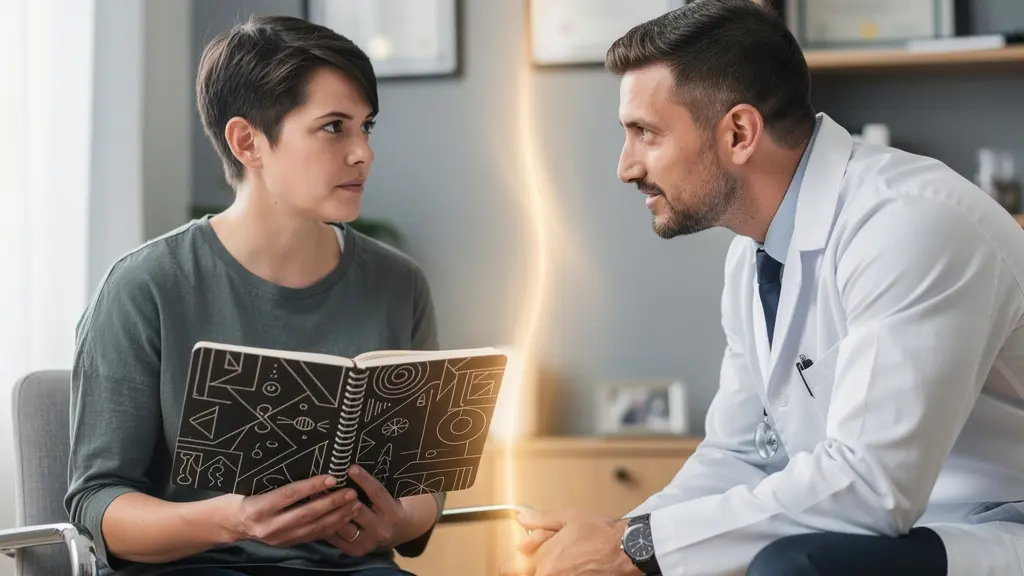 Patient et médecin en consultation, le patient tient un carnet de notes, atmosphère bienveillante et professionnelle