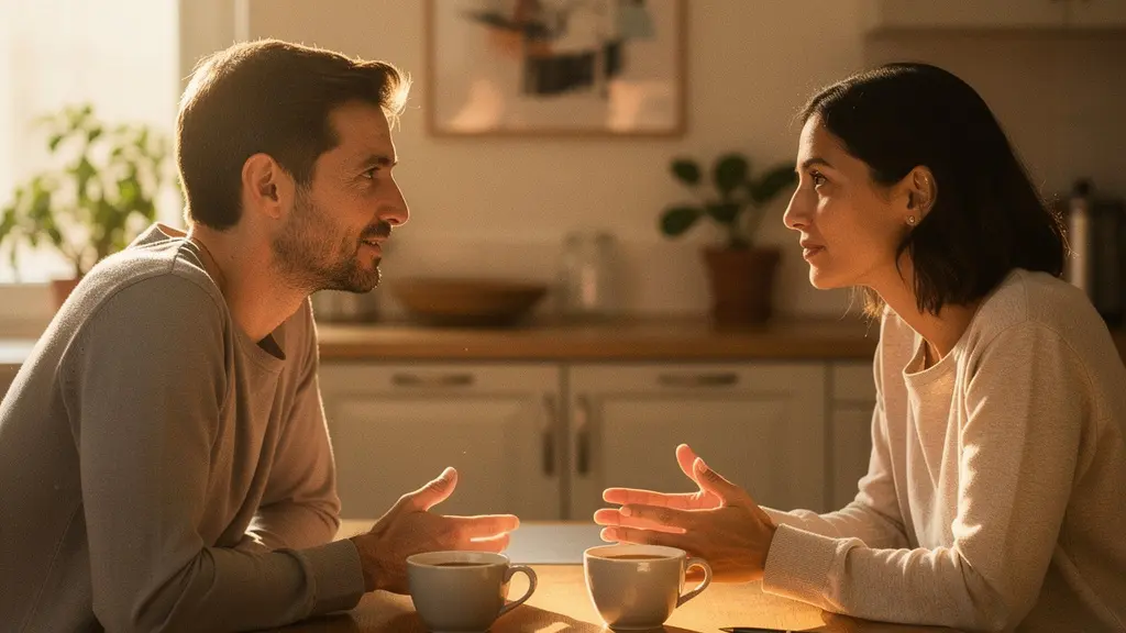 Couple en discussion constructive autour d'une table avec café et carnets
