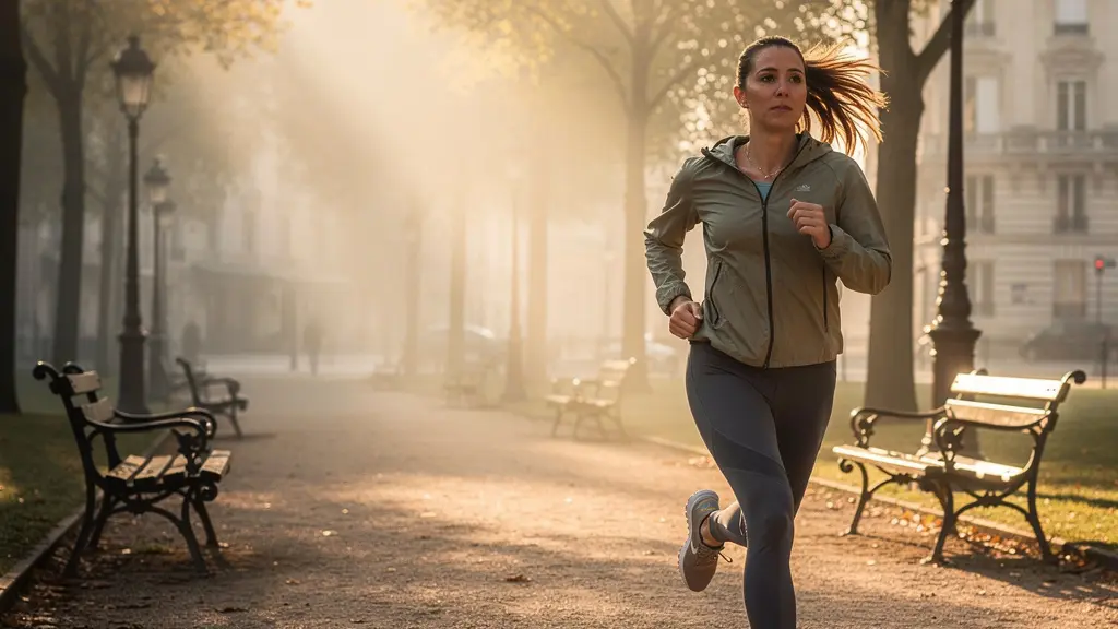 Joggeuse matinale dans un parc français avec la lumière dorée du lever du soleil filtrant à travers les arbres