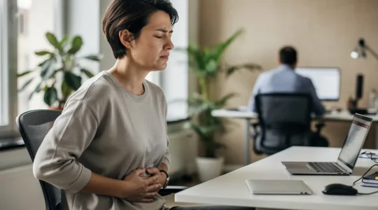 Personne au bureau pratiquant discrètement un exercice de respiration pour gérer sa douleur chronique