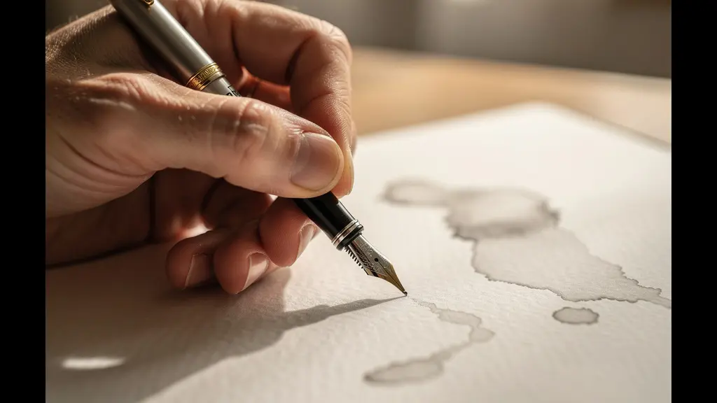 Main gauche tenant un stylo au-dessus d'un carnet ouvert avec des pages blanches, lumière douce du matin