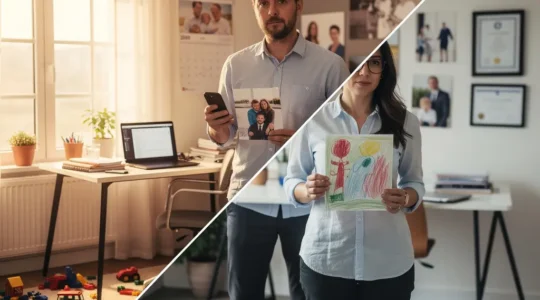 Parent multitâche jonglant entre ordinateur portable, jouets d'enfants et planning familial dans un intérieur lumineux