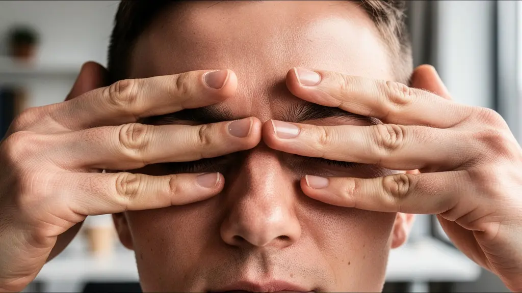 Gros plan des mains d'une personne couvrant ses yeux fermés en position de palming dans un environnement de travail