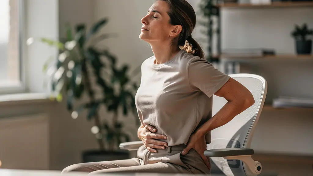 Personne pratiquant un exercice de respiration abdominale au bureau, mains posées sur le ventre et le dos, yeux fermés