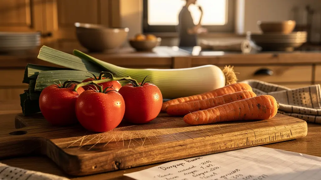 Cuisine moderne avec liste de courses manuscrite et légumes frais sur plan de travail