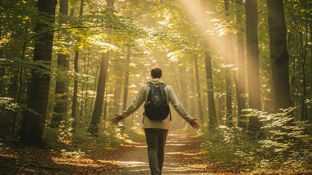 Sentier forestier français baigné de lumière filtrant à travers les arbres