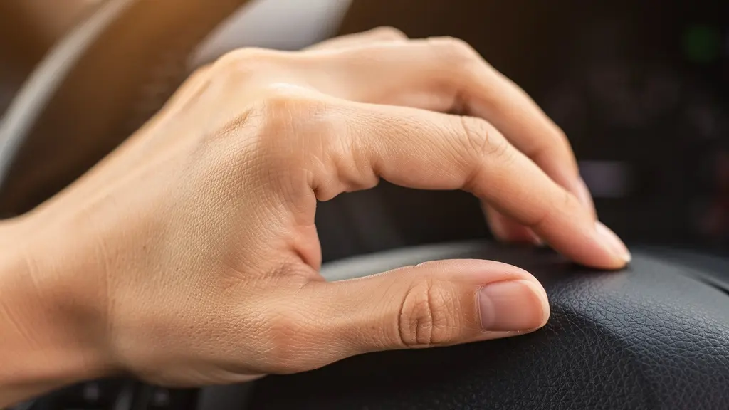 Gros plan sur une main effectuant le geste signal pouce-majeur au volant