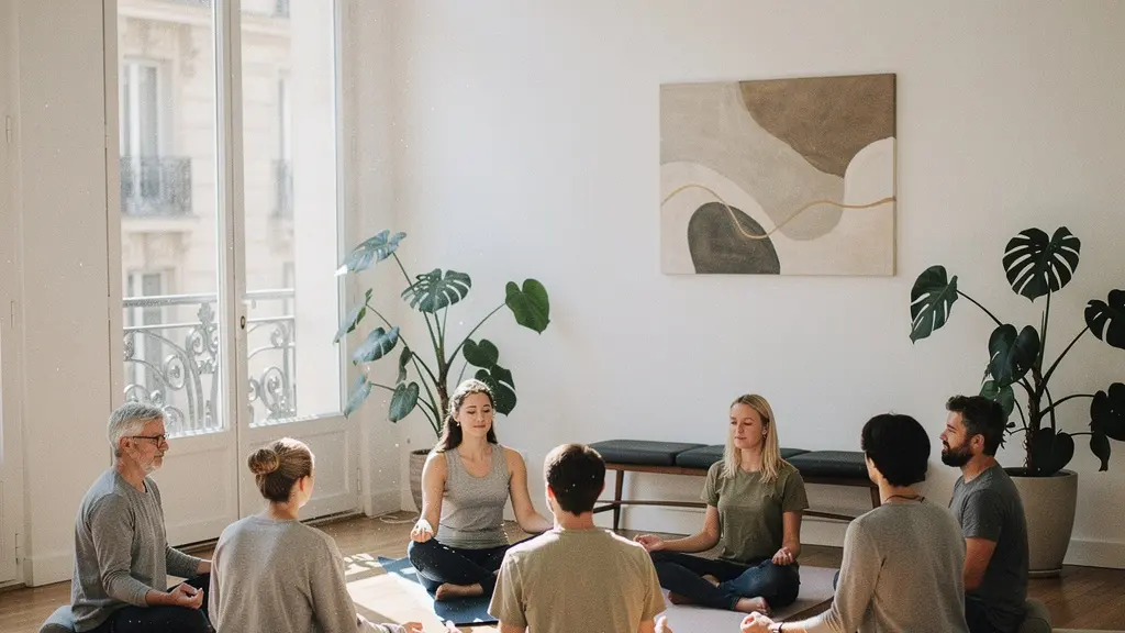 Séance de méditation en groupe dans un espace lumineux avec des participants en cercle