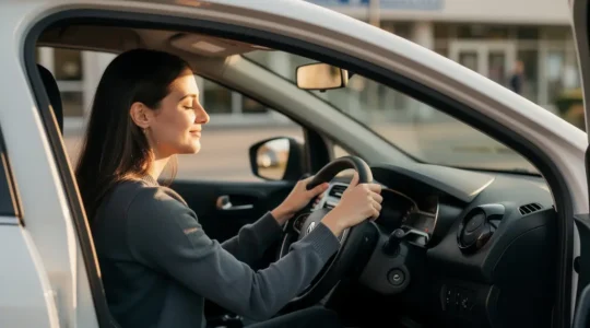 Jeune femme sereine au volant d'une voiture pratiquant des exercices de respiration sophrologique avant l'examen du permis de conduire