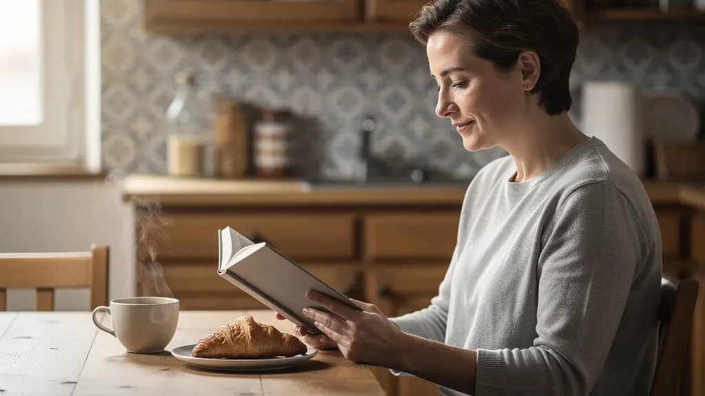 Personne utilisant une lampe de luminothérapie pendant son petit-déjeuner matinal