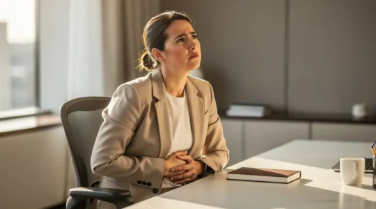 Personne en tenue professionnelle assise à son bureau avec la main sur le ventre, expression de gêne subtile, lumière matinale douce