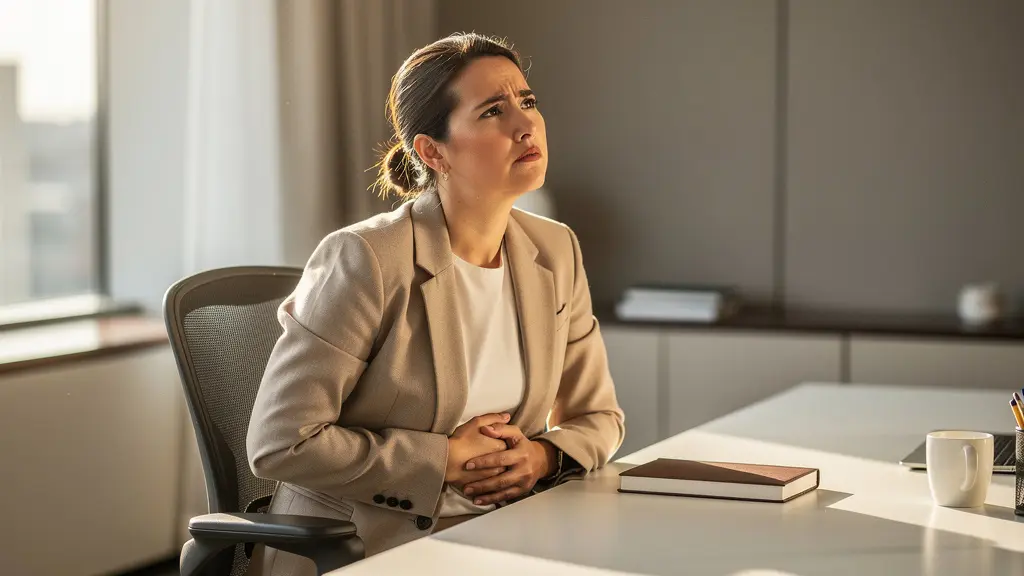 Personne en tenue professionnelle assise à son bureau avec la main sur le ventre, expression de gêne subtile, lumière matinale douce