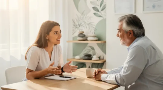 Consultation en médecine intégrative montrant un professionnel de santé et un patient dans un environnement lumineux et apaisant