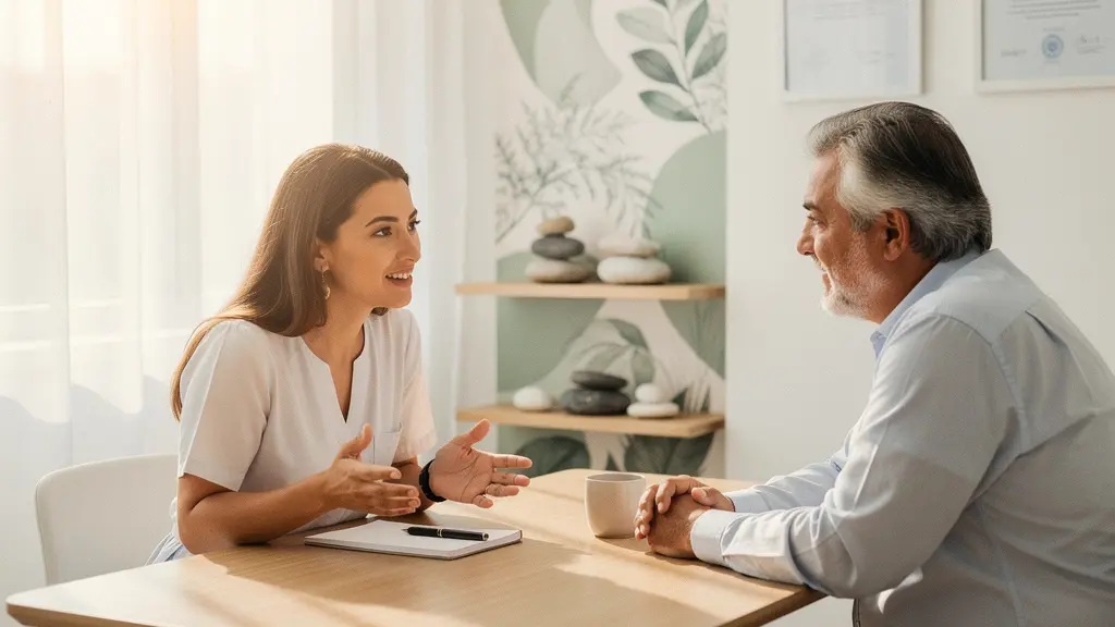 Consultation en médecine intégrative montrant un professionnel de santé et un patient dans un environnement lumineux et apaisant