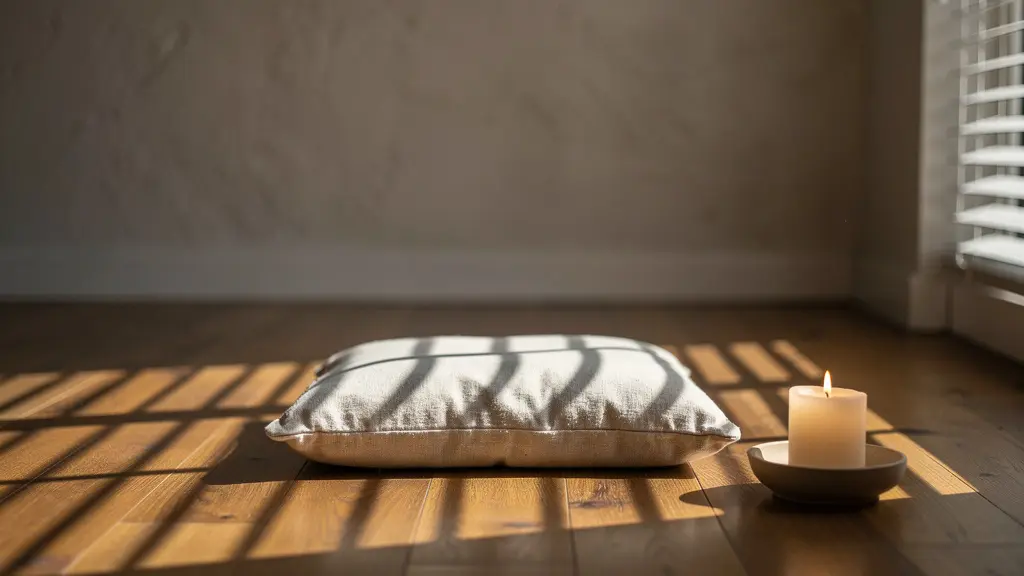 Espace de méditation minimaliste dans un appartement avec lumière naturelle douce