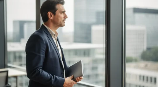 Personne professionnelle dans un bureau moderne regardant par la fenêtre, posture confiante et réflexive