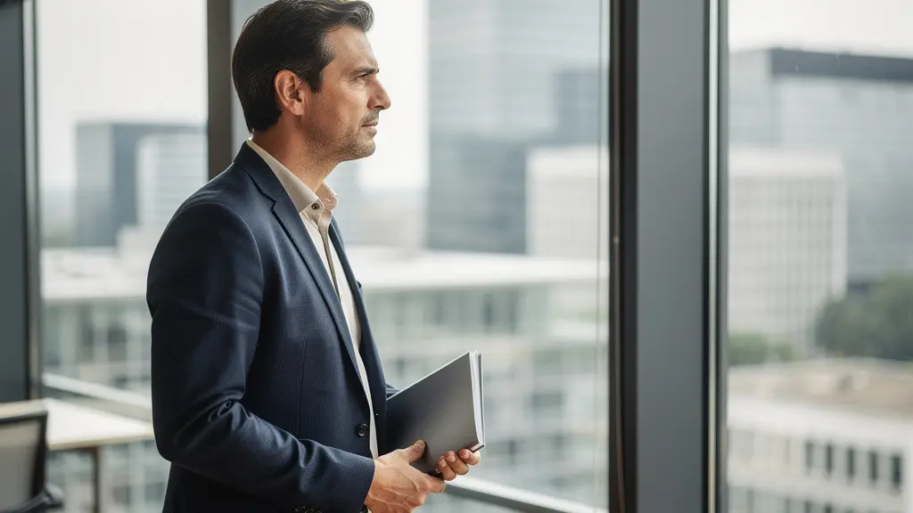 Personne professionnelle dans un bureau moderne regardant par la fenêtre, posture confiante et réflexive