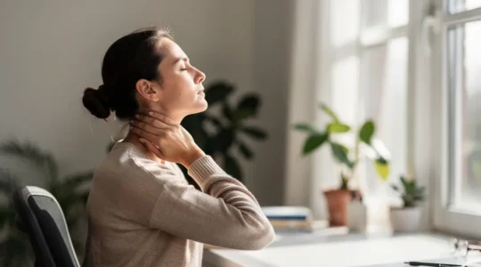 Vue latérale d'une personne étirant doucement sa nuque dans un bureau à domicile lumineux avec plantes et lumière naturelle