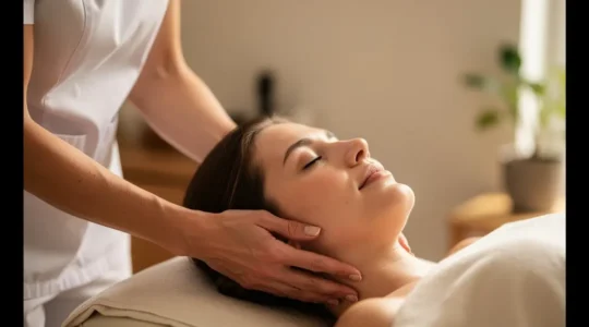Mains d'ostéopathe posées délicatement sur la base du crâne d'un patient allongé, dans une lumière douce et apaisante