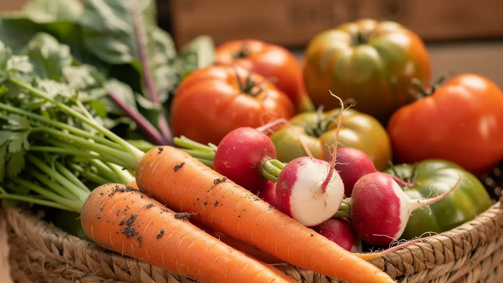 Panier en osier rempli de légumes bio colorés sur un étal de marché français traditionnel