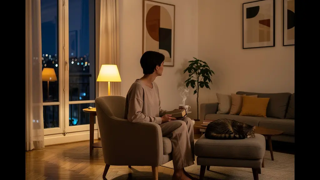 Personne lisant tranquillement dans un salon français la nuit avec éclairage doux, appliquant la règle de se lever en cas d'insomnie.