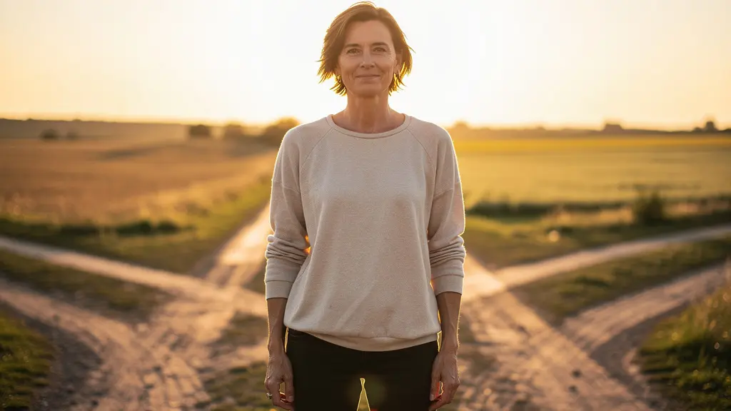 Personne debout face à un carrefour de chemins, regardant droit devant sans se retourner