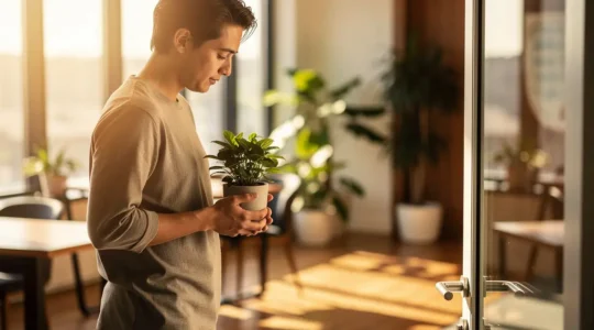 Personne contemplant avec espoir un bureau lumineux depuis le seuil, symbolisant le retour progressif au travail après un burn-out