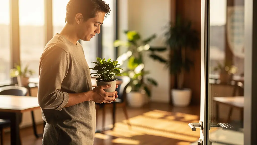 Personne contemplant avec espoir un bureau lumineux depuis le seuil, symbolisant le retour progressif au travail après un burn-out