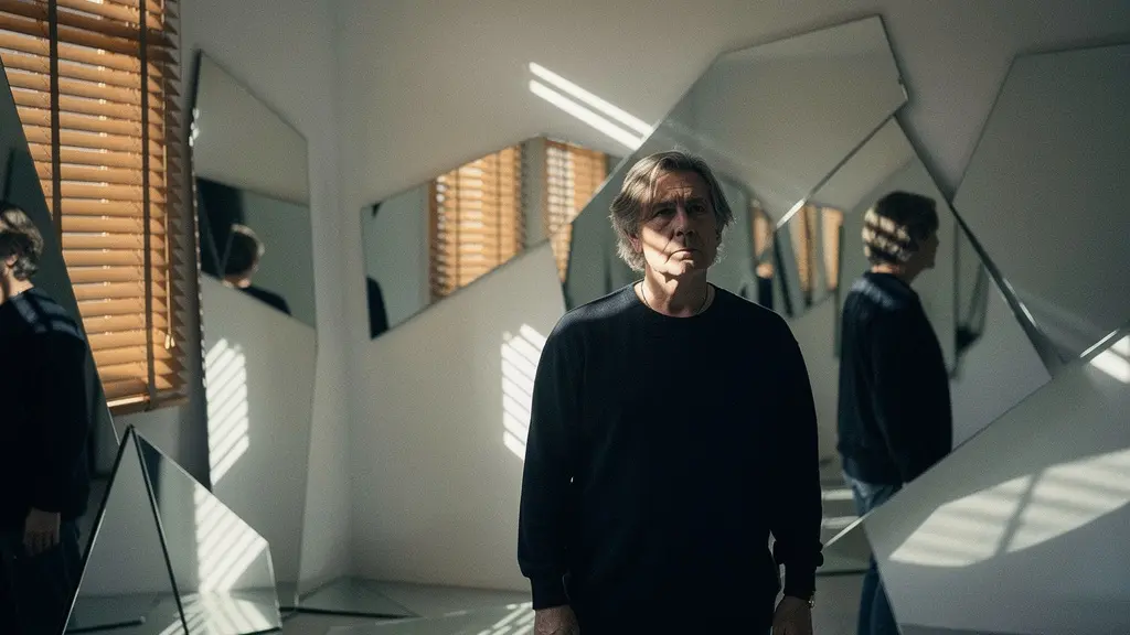 Personne contemplant son reflet multiple dans des miroirs fragmentés, symbolisant la quête d'identité au milieu de vie