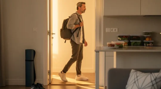 Personne rentrant tard le soir dans un appartement urbain avec équipement de sport et repas sain préparés