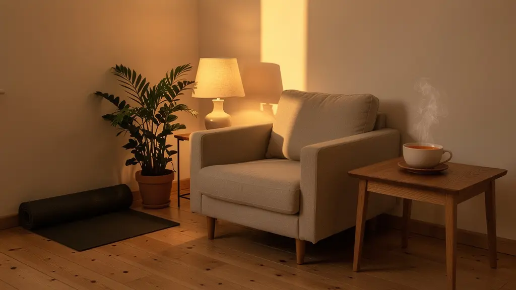 Espace de vie chaleureux avec éléments de détente après le travail