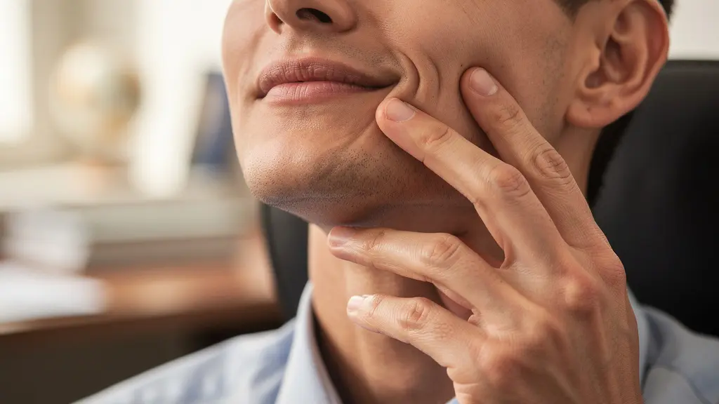 Personne pratiquant un exercice de relaxation au bureau, focus sur la détente de la mâchoire