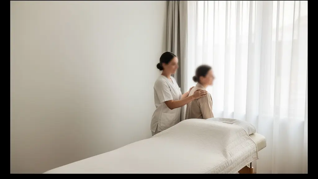 Mains d'ostéopathe effectuant un toucher thérapeutique doux sur l'épaule d'un patient, ambiance apaisante