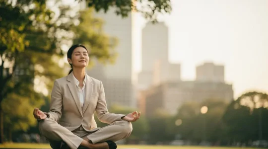 Personne en tenue professionnelle pratiquant la méditation dans un environnement urbain apaisant, illustrant l'équilibre entre vie professionnelle et bien-être personnel