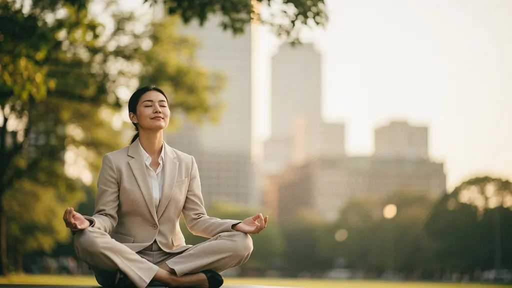 Personne en tenue professionnelle pratiquant la méditation dans un environnement urbain apaisant, illustrant l'équilibre entre vie professionnelle et bien-être personnel