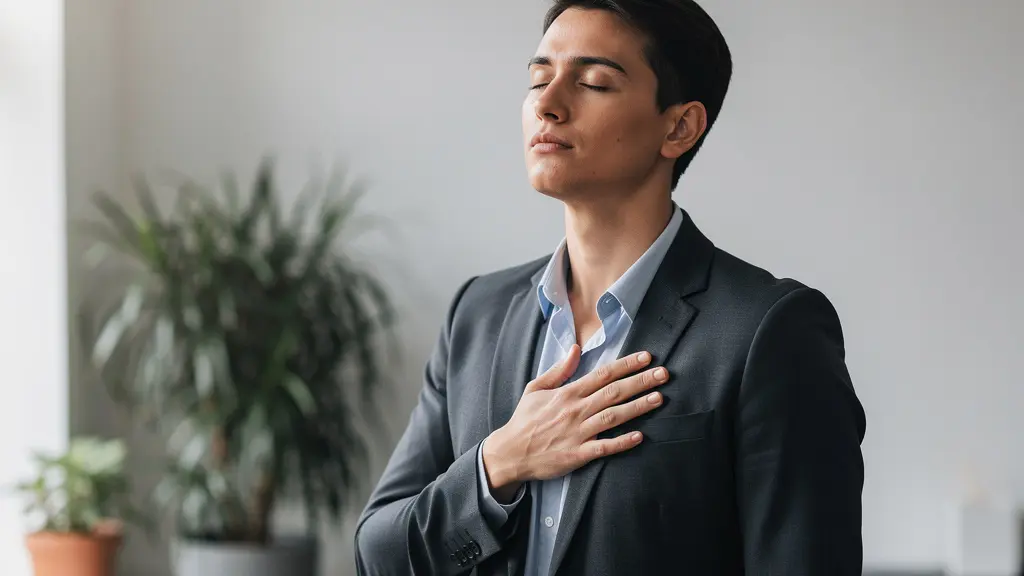 Personne pratiquant la respiration profonde dans un coin paisible du bureau