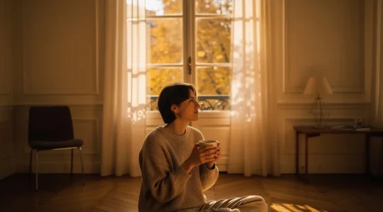 Personne profitant de la lumière naturelle dans un appartement français typique en novembre