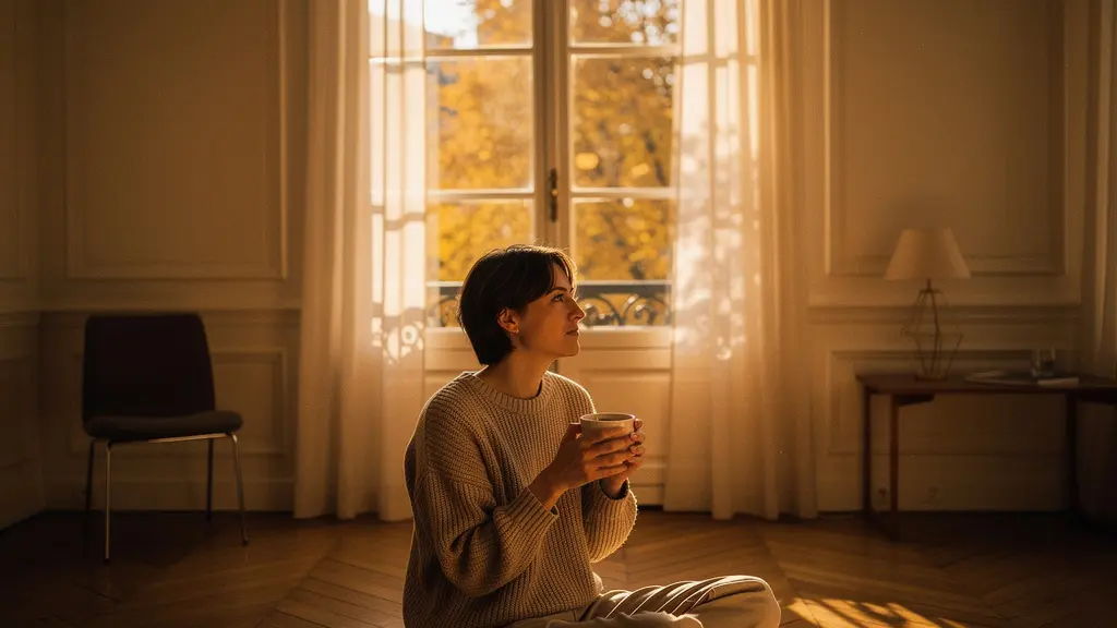 Personne profitant de la lumière naturelle dans un appartement français typique en novembre